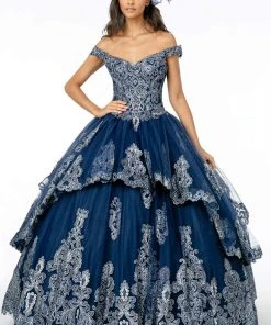 Elizabeth K - GL1819 Glitter Lace Appliqued Off Shoulder Ballgown