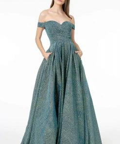 Elizabeth K - GL1827 Glitter Lame Off Shoulder A-Line Gown