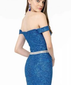 Elizabeth K - GL1829 Off Shoulder Jeweled Waist Glitter Gown