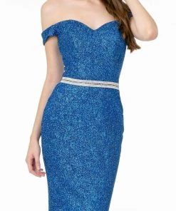 Elizabeth K - GL1829 Off Shoulder Jeweled Waist Glitter Gown