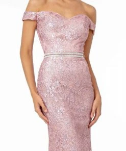 Elizabeth K - GL1829 Off Shoulder Jeweled Waist Glitter Gown