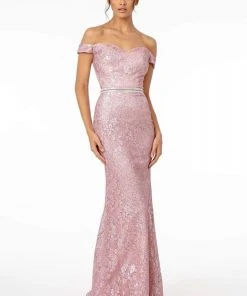 Elizabeth K - GL1829 Off Shoulder Jeweled Waist Glitter Gown