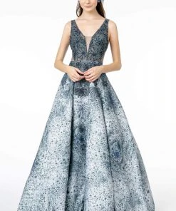 Elizabeth K - GL1837 Embellished Deep V-Neck A-Line Gown