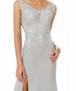 Elizabeth K - GL1839 Appliqued Bodice High Slit Long Dress