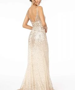 Elizabeth K - GL1844 Illusion Deep V-Neck Glitter Mesh High Slit Gown