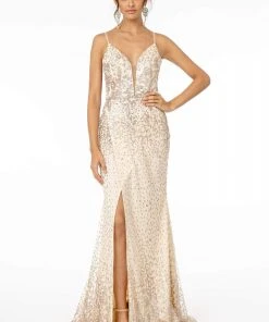 Elizabeth K - GL1844 Illusion Deep V-Neck Glitter Mesh High Slit Gown