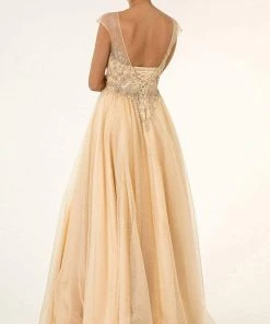 Elizabeth K - GL1954 Embellished Bateau Mesh A-line Gown