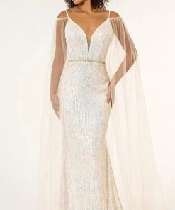 Elizabeth K - GL1955 Cape Sleeve Sequined Sheath Dress