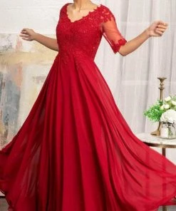 Elizabeth K GL1982 - Applique-Ornate Quarter Sleeve Evening Dress