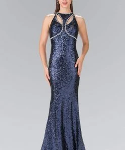 Elizabeth K - GL2217 Sequined Halter Neck Trumpet Dress
