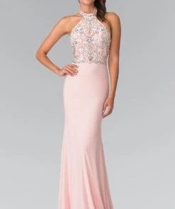 Elizabeth K - GL2279 Beaded Halter Neck Rome Jersey Sheath Dress