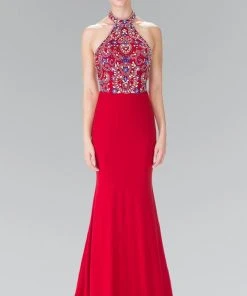 Elizabeth K - GL2279 Beaded Halter Neck Rome Jersey Sheath Dress 12 Elizabeth K - GL2279 Beaded Halter Neck Rome Jersey Sheath Dress