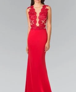 Elizabeth K - GL2286 Laced Illusion High Neck Jersey Trumpet Dress