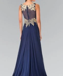 Elizabeth K - GL2288 Laced Scoop Neck Chiffon A-Line Dress