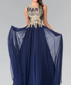 Elizabeth K - GL2288 Laced Scoop Neck Chiffon A-Line Dress