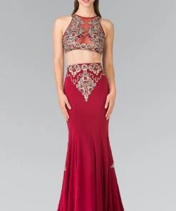 Elizabeth K - GL2296 Embellished High Neck Rome Jersey Dress