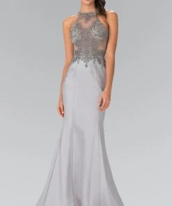 Elizabeth K - GL2325 Embellished High Neck Jersey Trumpet Dress