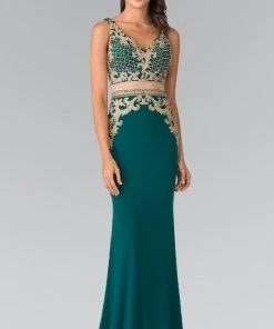 Elizabeth K - GL2334 Beaded V-Neck Jersey Trumpet Dress