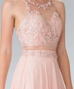 Elizabeth K - GL2347 Embellished Crew Neck Chiffon A-Line Dress