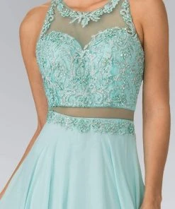 Elizabeth K - GL2347 Embellished Crew Neck Chiffon A-Line Dress