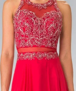 Elizabeth K - GL2347 Embellished Crew Neck Chiffon A-Line Dress