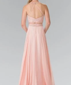 Elizabeth K - GL2347 Embellished Crew Neck Chiffon A-Line Dress