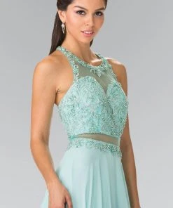 Elizabeth K - GL2347 Embellished Crew Neck Chiffon A-Line Dress