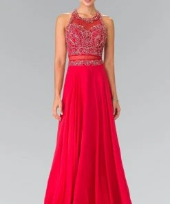 Elizabeth K - GL2347 Embellished Crew Neck Chiffon A-Line Dress