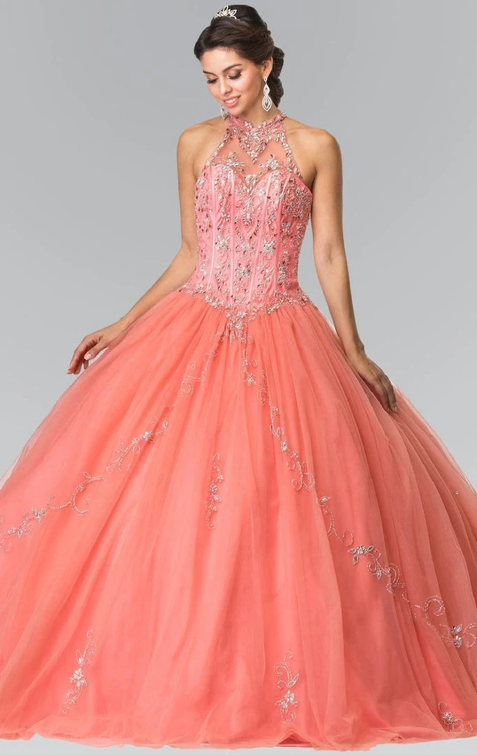 Elizabeth K - GL2348 Bead Embellished Halter Neck Tulle Ballgown 10 Elizabeth K - GL2348 Bead Embellished Halter Neck Tulle Ballgown