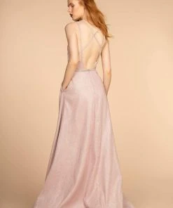 Elizabeth K - GL2506 Deep V-neck Glitter Crepe A-line Dress