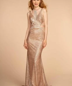 Elizabeth K - GL2509 Jeweled Halter Strap Glitter Long Gown