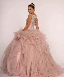 Elizabeth K - GL2514 Cap Sleeve Metallic Beaded Cascading Ballgown