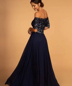 Elizabeth K - GL2525 Embroidered Off-Shoulder Chiffon A-line Dress