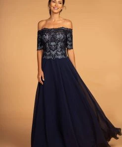 Elizabeth K - GL2525 Embroidered Off-Shoulder Chiffon A-line Dress