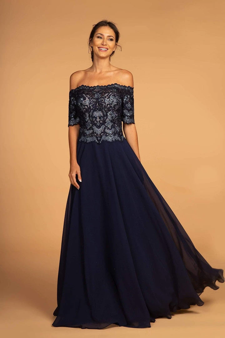 Elizabeth K - GL2525 Embroidered Off-Shoulder Chiffon A-line Dress 3 Elizabeth K - GL2525 Embroidered Off-Shoulder Chiffon A-line Dress