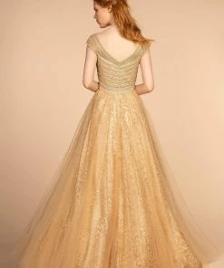 Elizabeth K - GL2526 Cap Sleeve Jewel Adorned Bodice A-Line Gown