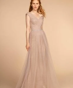 Elizabeth K - GL2560 Cap Sleeve Ruched Mesh Long Gown