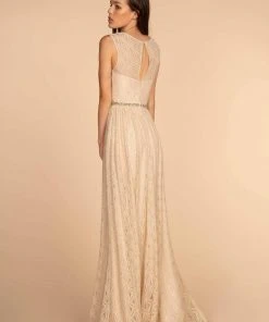 Elizabeth K - GL2611 Floral Lace Jewel A-Line Evening Gown