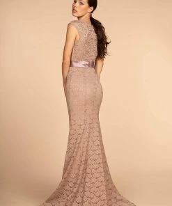 Elizabeth K - GL2613 Sequined Lace Jewel Neck Trumpet Dress