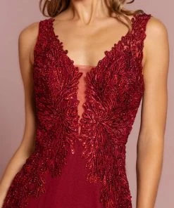 Elizabeth K - GL2614 Lace Deep V-neck Jersey Sheath Dress