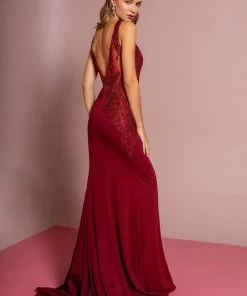 Elizabeth K - GL2614 Lace Deep V-neck Jersey Sheath Dress