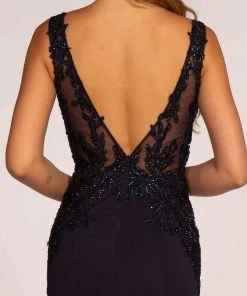 Elizabeth K - GL2614 Lace Deep V-neck Jersey Sheath Dress