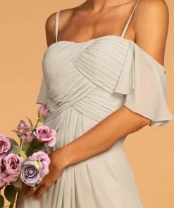 Elizabeth K - GL2615 Pleated Straight Across Neck Chiffon Dress