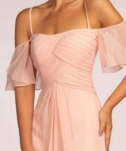 Elizabeth K - GL2615 Pleated Straight Across Neck Chiffon Dress