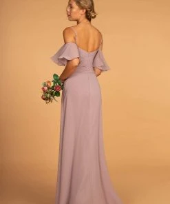 Elizabeth K - GL2615 Pleated Straight Across Neck Chiffon Dress