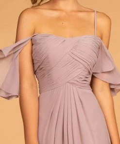 Elizabeth K - GL2615 Pleated Straight Across Neck Chiffon Dress