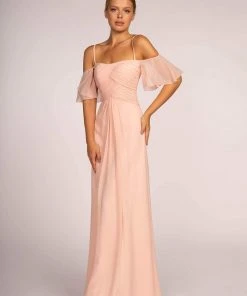 Elizabeth K - GL2615 Pleated Straight Across Neck Chiffon Dress