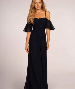 Elizabeth K - GL2615 Pleated Straight Across Neck Chiffon Dress