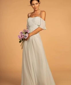 Elizabeth K - GL2615 Pleated Straight Across Neck Chiffon Dress