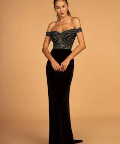 Elizabeth K - GL2628 Embellished Off-Shoulder Velvet Dress